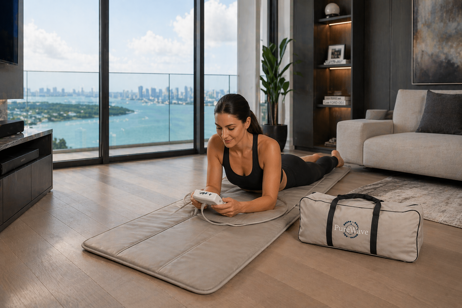 A woman lying on a PureWave PEMI mat at home, holding the control unit, with the carry bag beside her