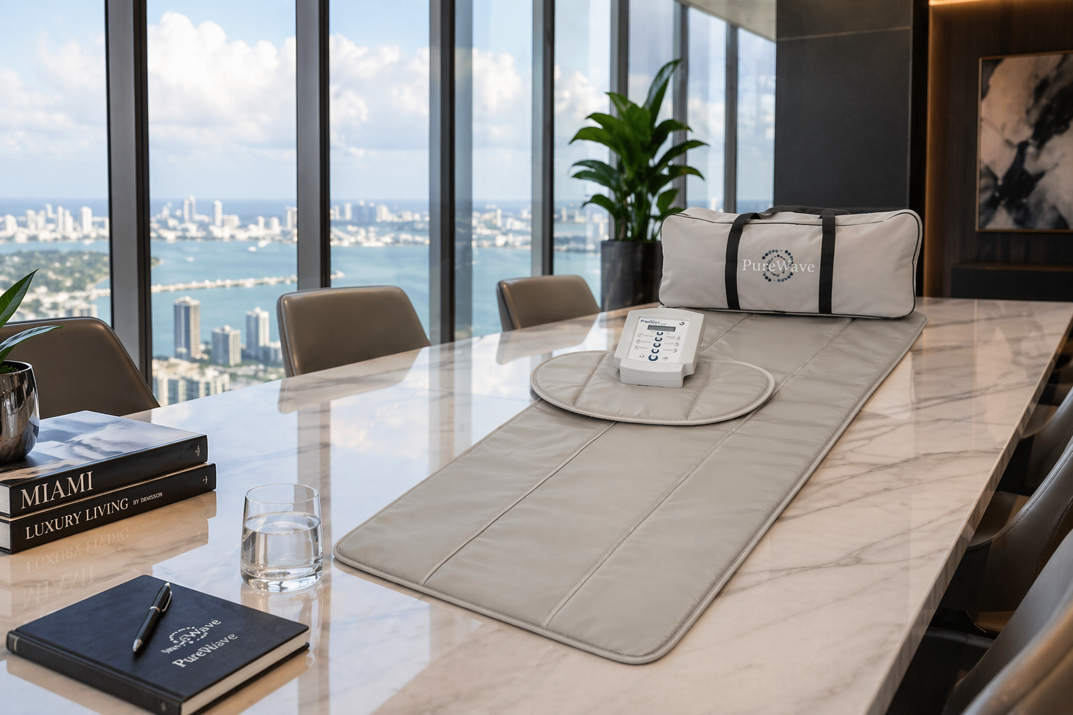 PEMI kit laid out on a table: full-length mat, circular applicator pad, upright control unit and carry bag