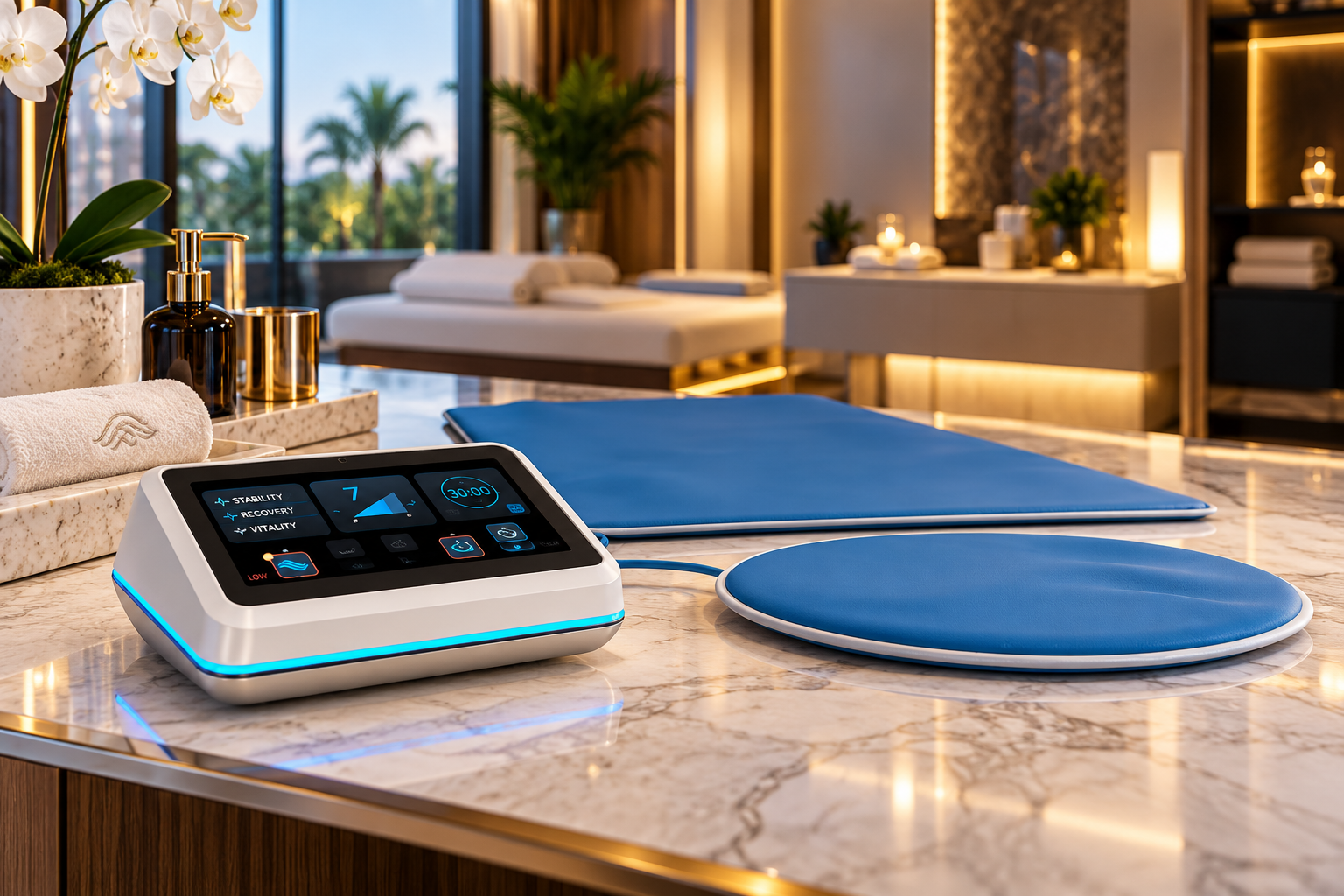 PureWave Ultra console, full-body mat, and targeted applicator in a spa